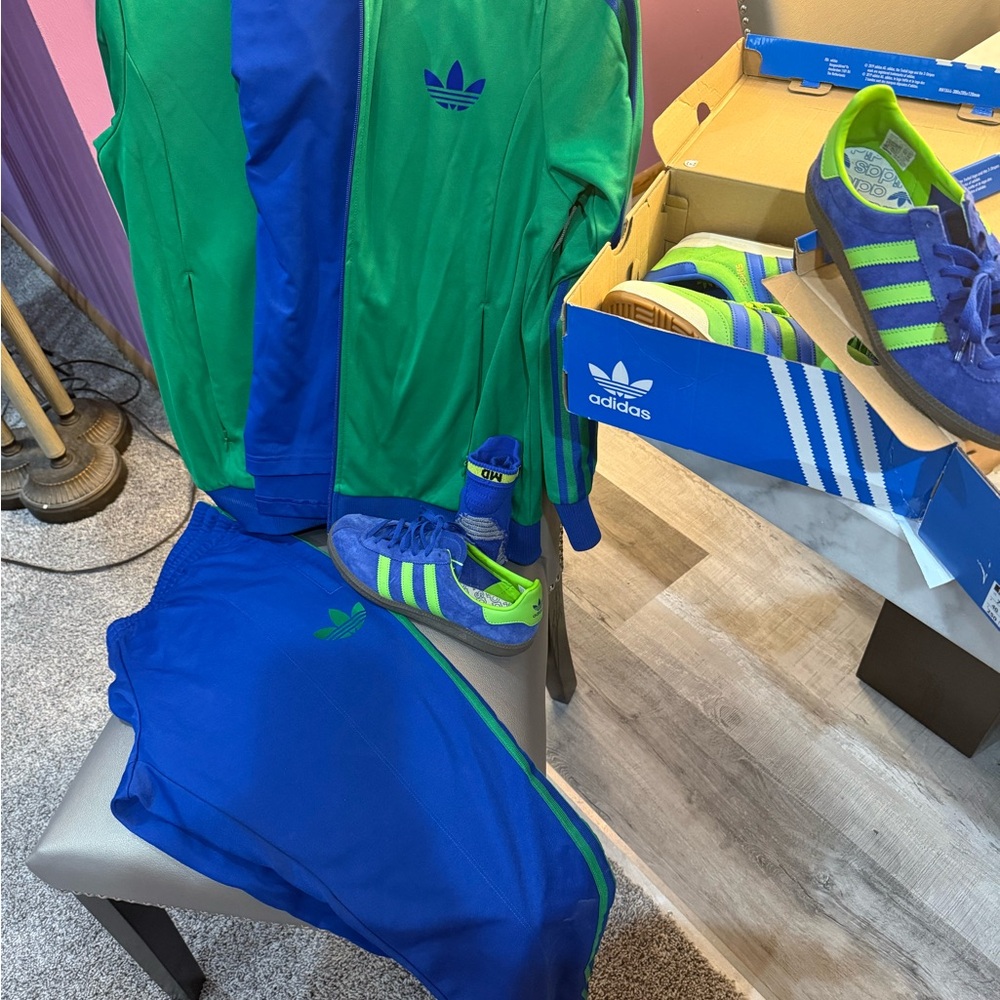 Adidas Blue+Green Retro Tracksuit Matching Blue Gazelle Sneakers, top & socks